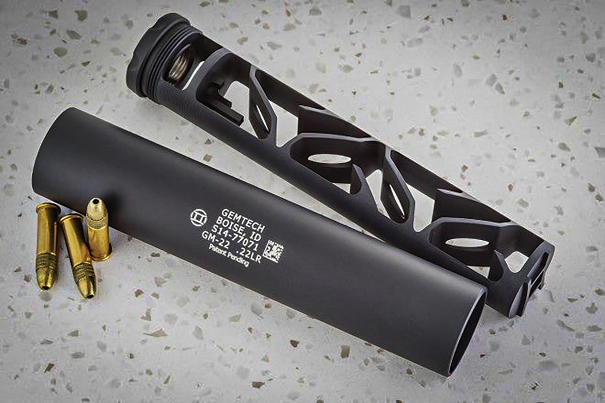 The 22 Long Rifle fouls up a suppressor more than any centerfire cartridge loaded with jacketed bullets, and frequent cleanings require a suppressor design that allows it to be easily taken apart.  A Gemtech 22 with its baffle column removed for cleaning is shown.